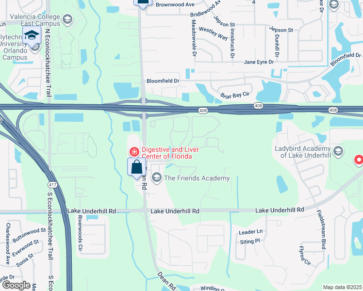 map of restaurants, bars, coffee shops, grocery stores, and more near 10050 Dylan Street in Orlando