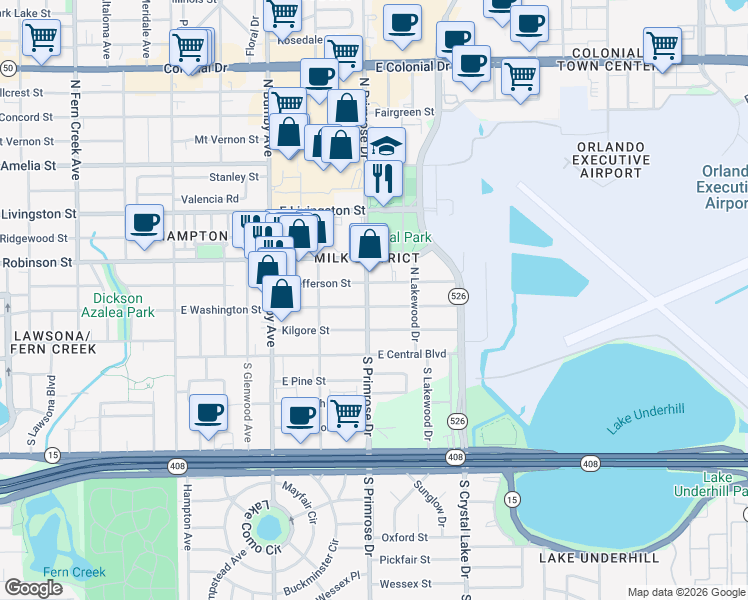 map of restaurants, bars, coffee shops, grocery stores, and more near 2714 East Jefferson Street in Orlando