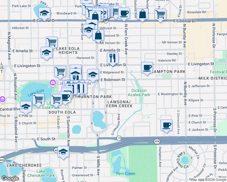 map of restaurants, bars, coffee shops, grocery stores, and more near 1415 East Jefferson Street in Orlando