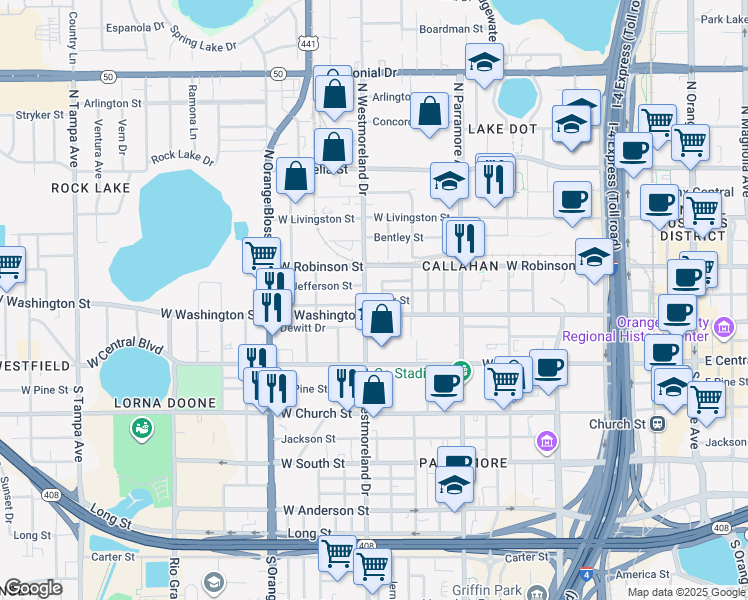 map of restaurants, bars, coffee shops, grocery stores, and more near 215 North Westmoreland Drive in Orlando