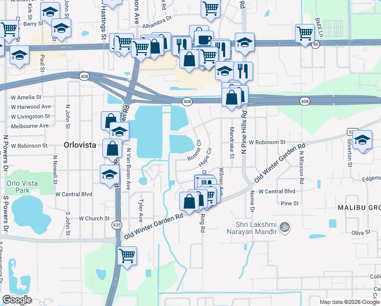 map of restaurants, bars, coffee shops, grocery stores, and more near 302 Ronnie Circle in Orlando