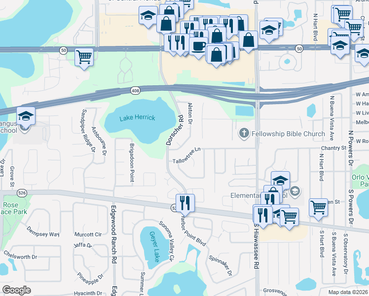 map of restaurants, bars, coffee shops, grocery stores, and more near 305 Alston Drive in Orlando