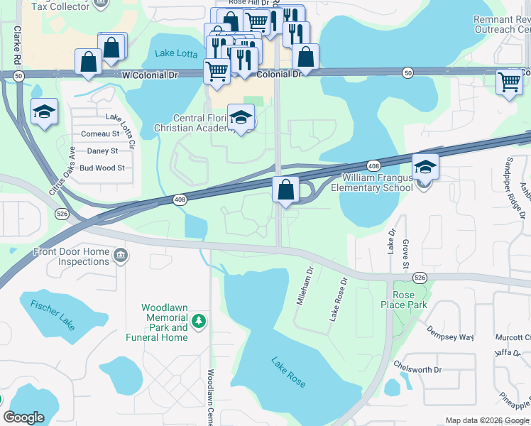 map of restaurants, bars, coffee shops, grocery stores, and more near 216 Hawthorne Groves Boulevard in Orlando