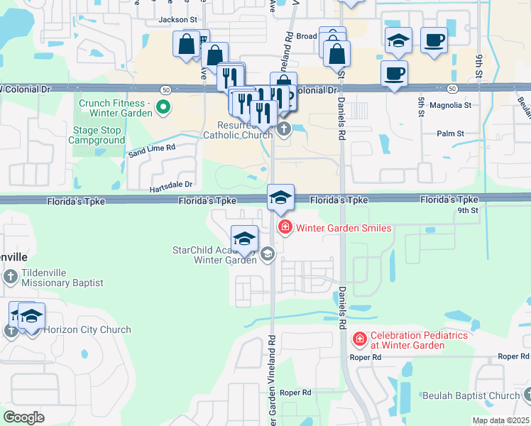 map of restaurants, bars, coffee shops, grocery stores, and more near 2010 County Road 535 in Winter Garden