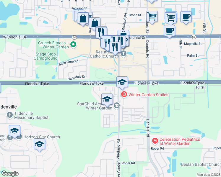 map of restaurants, bars, coffee shops, grocery stores, and more near 130 Southern Pecan Circle in Winter Garden