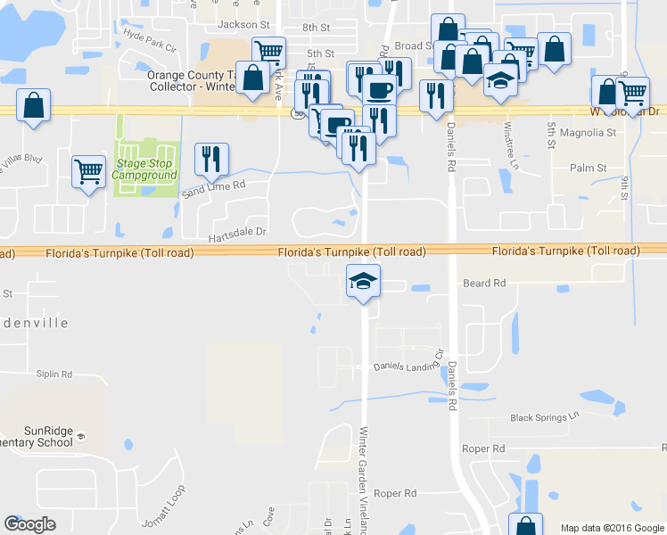 map of restaurants, bars, coffee shops, grocery stores, and more near 130 Southern Pecan Circle in Winter Garden