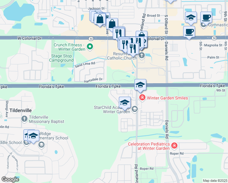 map of restaurants, bars, coffee shops, grocery stores, and more near 225 Southern Pecan Circle in Winter Garden