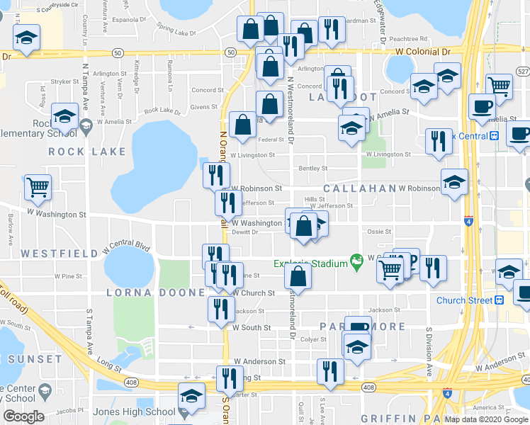 map of restaurants, bars, coffee shops, grocery stores, and more near 1039 Polk Street in Orlando