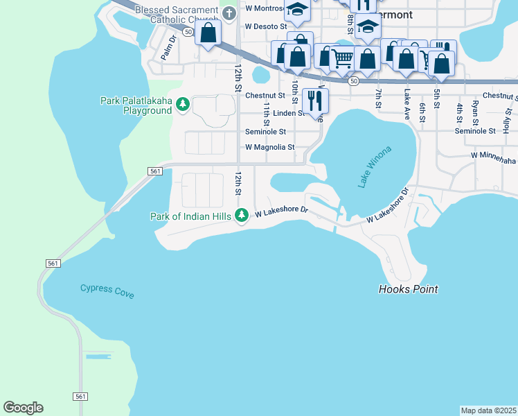 map of restaurants, bars, coffee shops, grocery stores, and more near 1793 Rosewood Drive in Clermont
