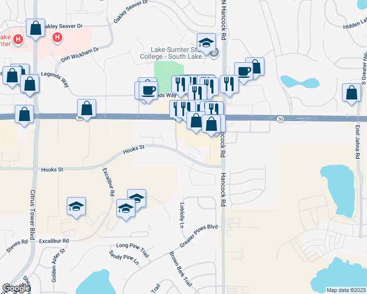 map of restaurants, bars, coffee shops, grocery stores, and more near 2400 Hook Street in Clermont