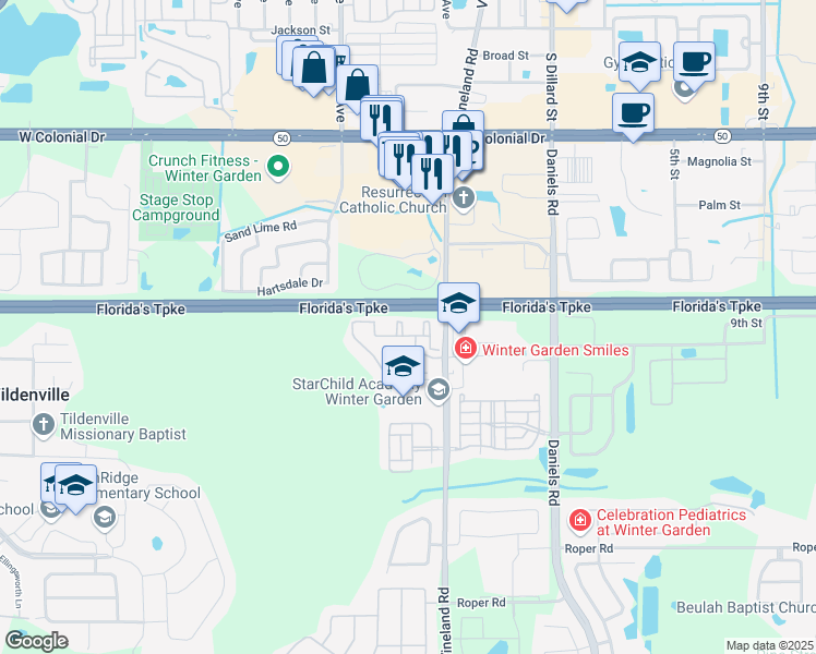 map of restaurants, bars, coffee shops, grocery stores, and more near 130 Southern Pecan Circle in Winter Garden