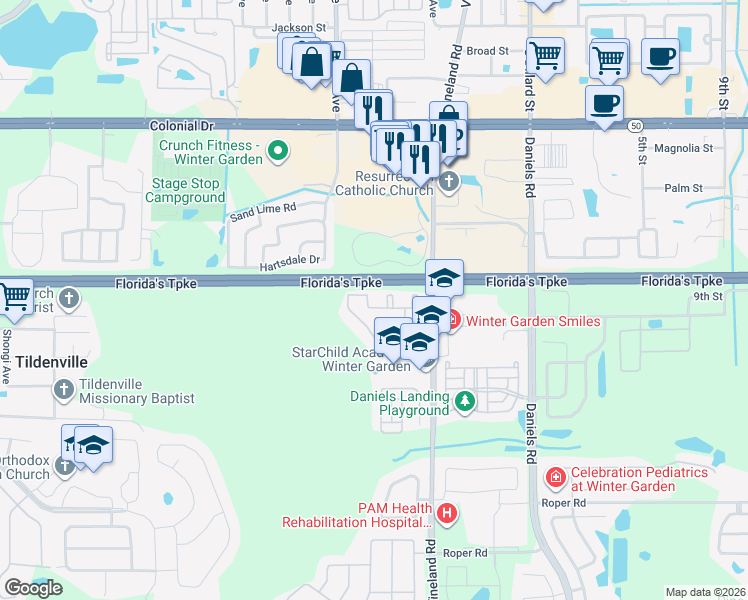 map of restaurants, bars, coffee shops, grocery stores, and more near 130 Southern Pecan Circle in Winter Garden