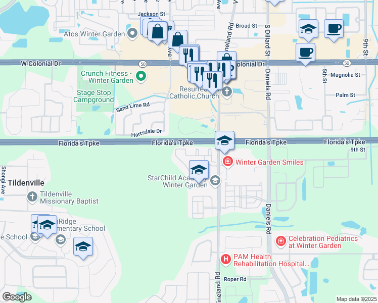 map of restaurants, bars, coffee shops, grocery stores, and more near 200 Southern Pecan Circle in Winter Garden