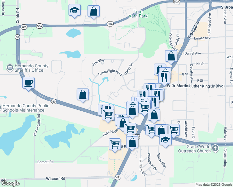 map of restaurants, bars, coffee shops, grocery stores, and more near 1071 Candlelight Boulevard in Brooksville