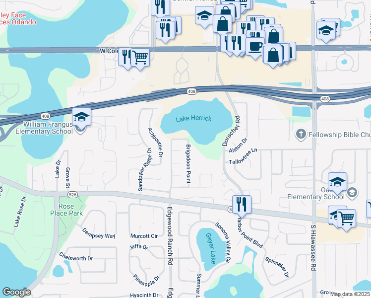 map of restaurants, bars, coffee shops, grocery stores, and more near 241 Brigadoon Point in Orlando