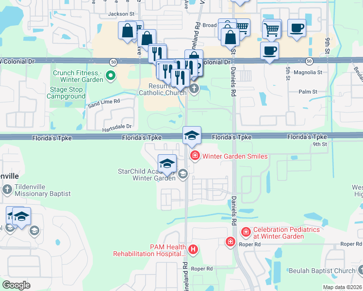 map of restaurants, bars, coffee shops, grocery stores, and more near 2010 County Road 535 in Winter Garden