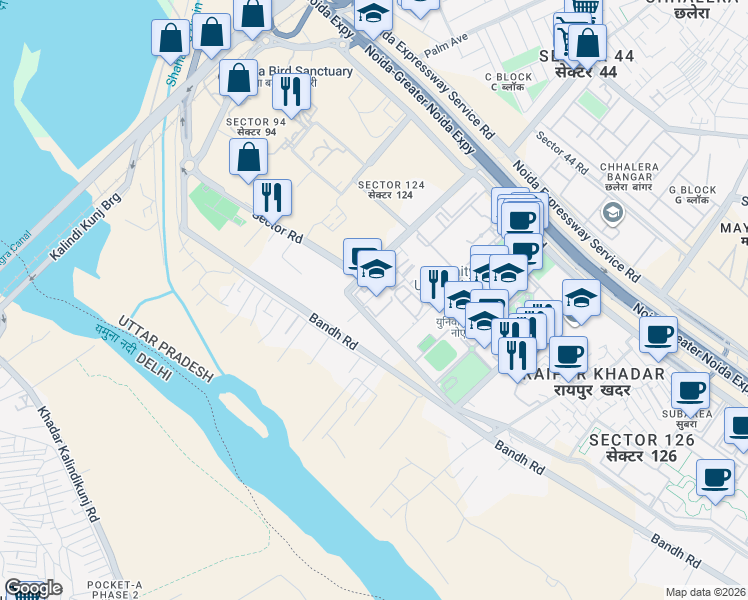 map of restaurants, bars, coffee shops, grocery stores, and more near in Noida