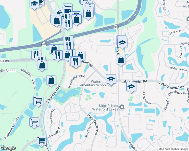 map of restaurants, bars, coffee shops, grocery stores, and more near 123 Aunt Polly Court in Orlando