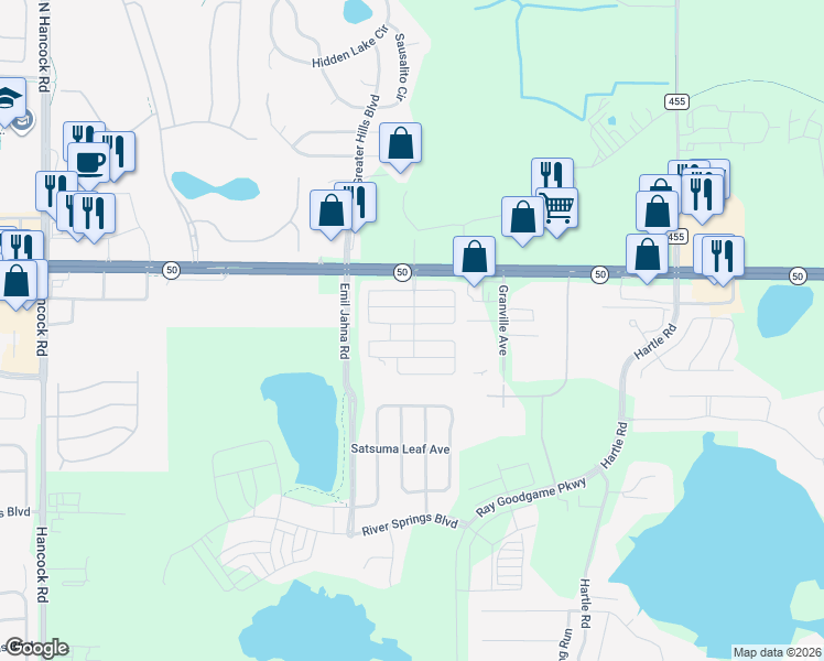 map of restaurants, bars, coffee shops, grocery stores, and more near 50 Navaho Tr in Clermont