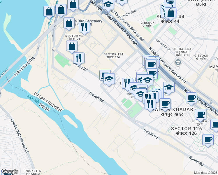 map of restaurants, bars, coffee shops, grocery stores, and more near in Noida