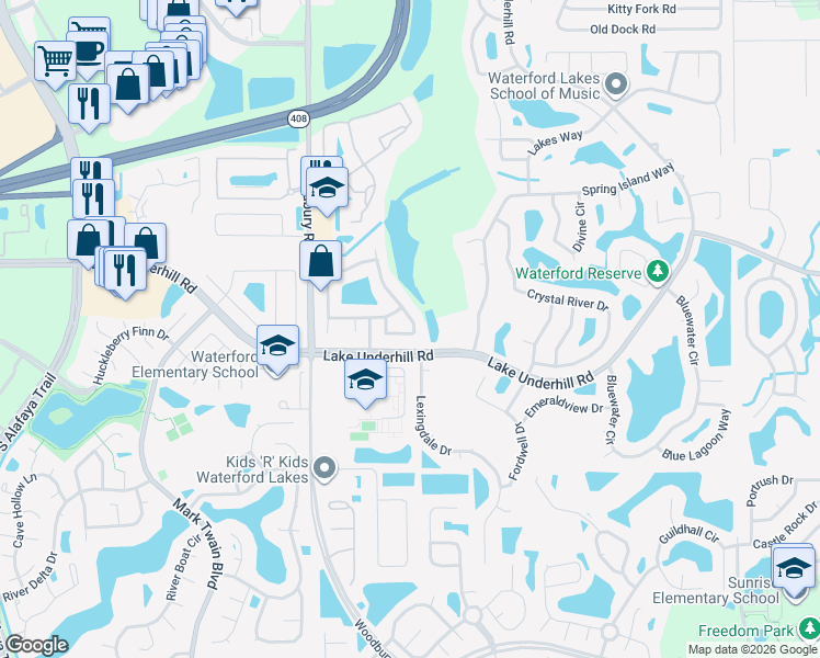 map of restaurants, bars, coffee shops, grocery stores, and more near 585 Waterscape Way in Orlando