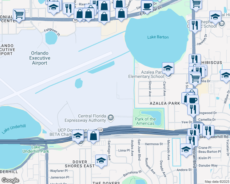 map of restaurants, bars, coffee shops, grocery stores, and more near 110 Andes Avenue in Orlando