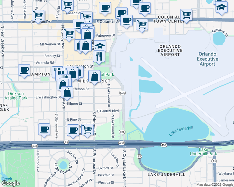 map of restaurants, bars, coffee shops, grocery stores, and more near 3018 East Jefferson Street in Orlando