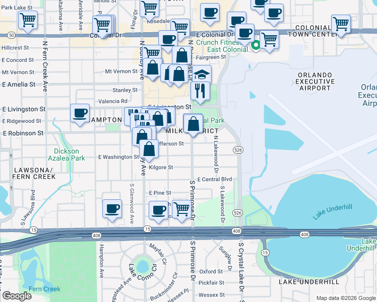 map of restaurants, bars, coffee shops, grocery stores, and more near 2714 East Jefferson Street in Orlando