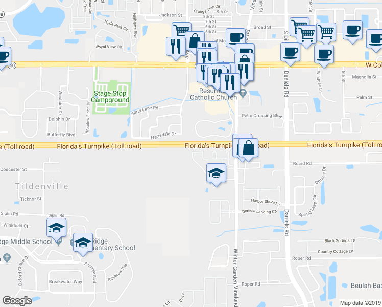 map of restaurants, bars, coffee shops, grocery stores, and more near 225 Southern Pecan Circle in Winter Garden