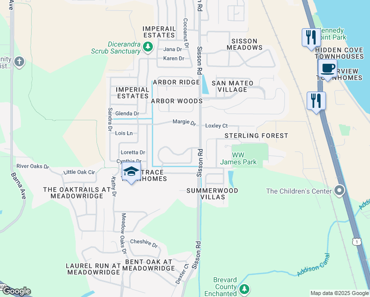 map of restaurants, bars, coffee shops, grocery stores, and more near 618 Timber Trace Lane in Titusville