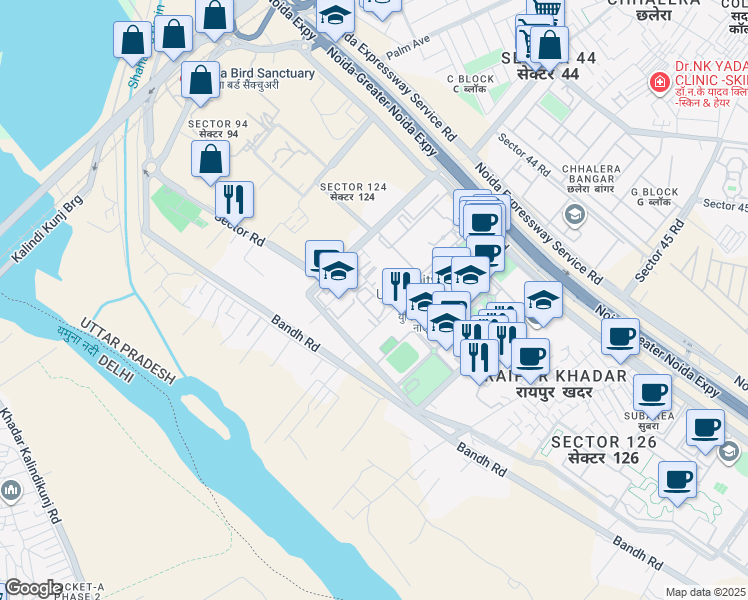 map of restaurants, bars, coffee shops, grocery stores, and more near in Noida