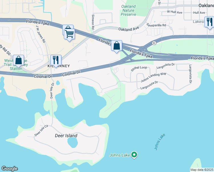 map of restaurants, bars, coffee shops, grocery stores, and more near 1007 Johns Cove Lane in Winter Garden