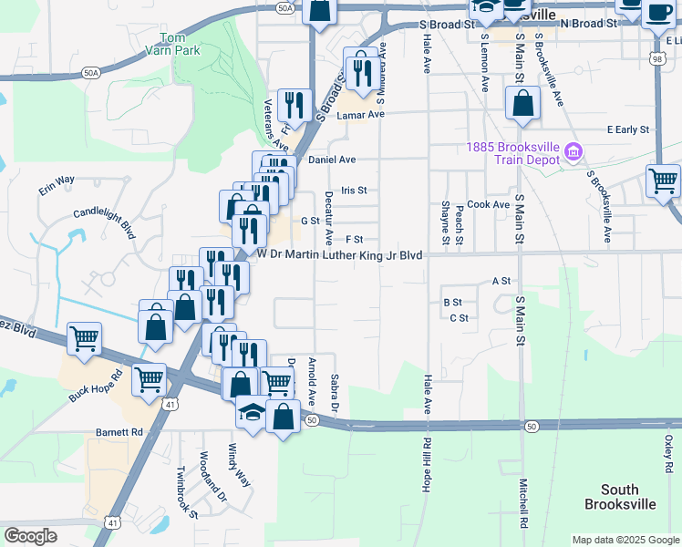 map of restaurants, bars, coffee shops, grocery stores, and more near 614 Prospect Hill Court in Brooksville