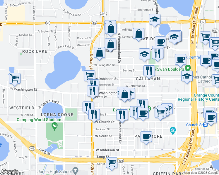 map of restaurants, bars, coffee shops, grocery stores, and more near 1031 West Jefferson Street in Orlando