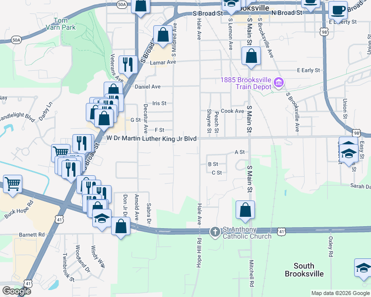 map of restaurants, bars, coffee shops, grocery stores, and more near 510-550 West Summit Road in Brooksville
