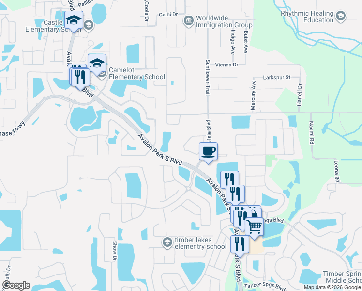 map of restaurants, bars, coffee shops, grocery stores, and more near 827 Avalon Park Boulevard in Orlando