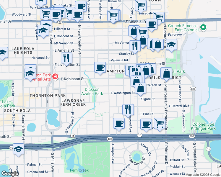 map of restaurants, bars, coffee shops, grocery stores, and more near 2013 East Jefferson Street in Orlando