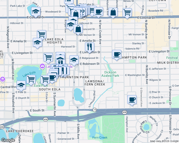 map of restaurants, bars, coffee shops, grocery stores, and more near 1415 East Jefferson Street in Orlando