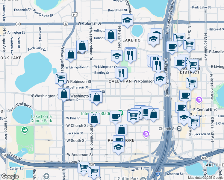 map of restaurants, bars, coffee shops, grocery stores, and more near in Orlando