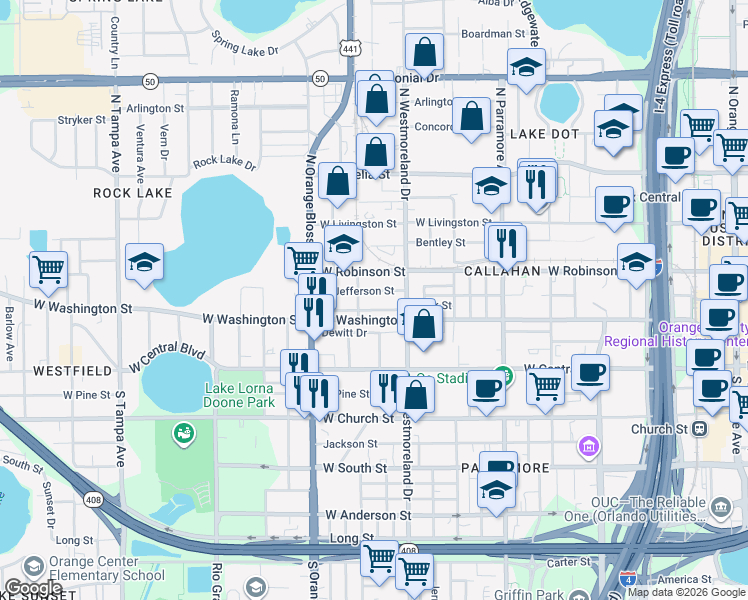 map of restaurants, bars, coffee shops, grocery stores, and more near 1031 West Jefferson Street in Orlando