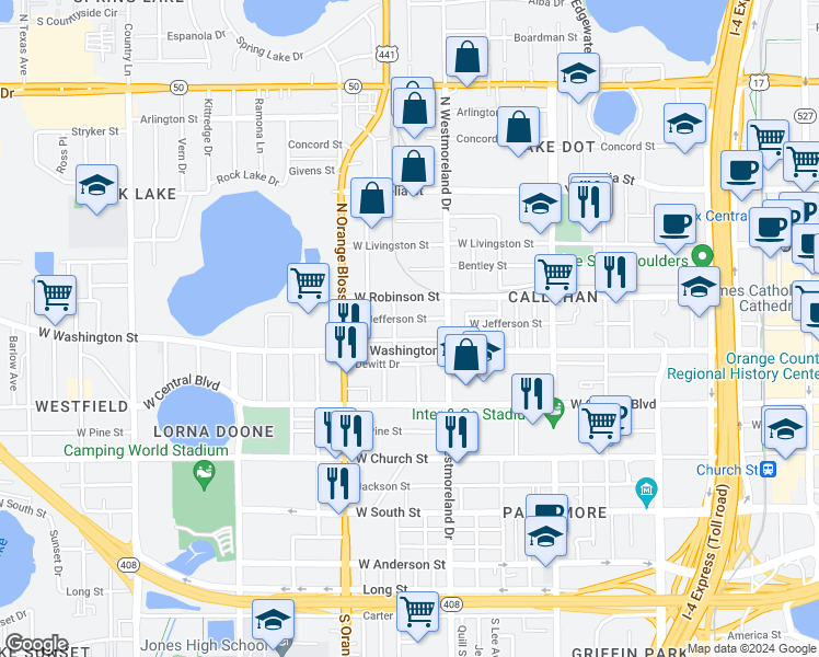 map of restaurants, bars, coffee shops, grocery stores, and more near 1031 West Jefferson Street in Orlando