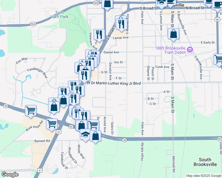map of restaurants, bars, coffee shops, grocery stores, and more near 614 Prospect Hill Court in Brooksville
