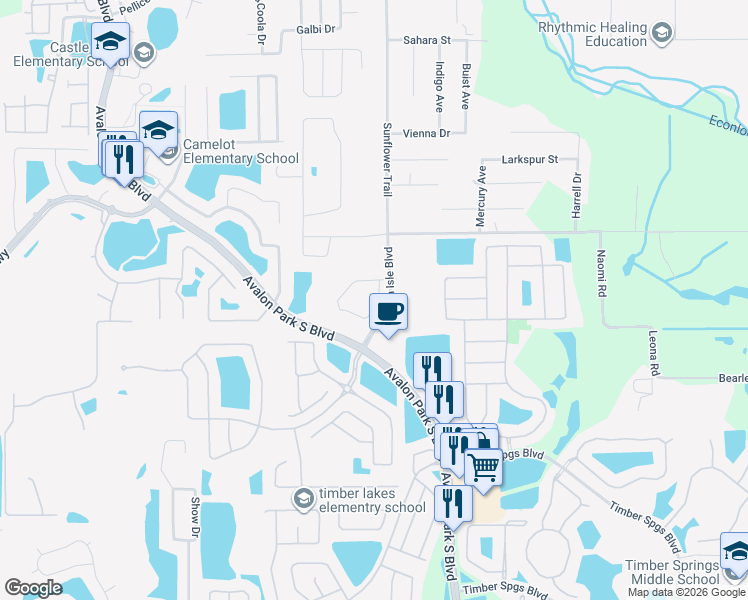 map of restaurants, bars, coffee shops, grocery stores, and more near 306 Sunflower Trail in Orlando