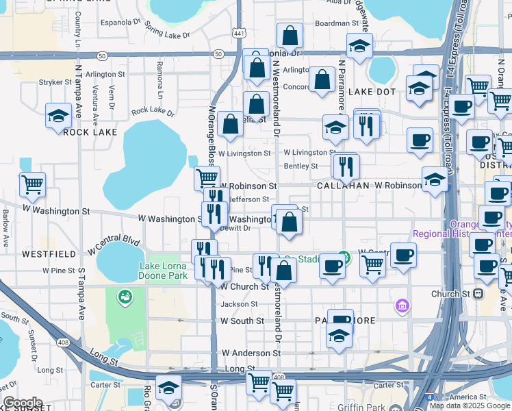 map of restaurants, bars, coffee shops, grocery stores, and more near 1031 West Jefferson Street in Orlando