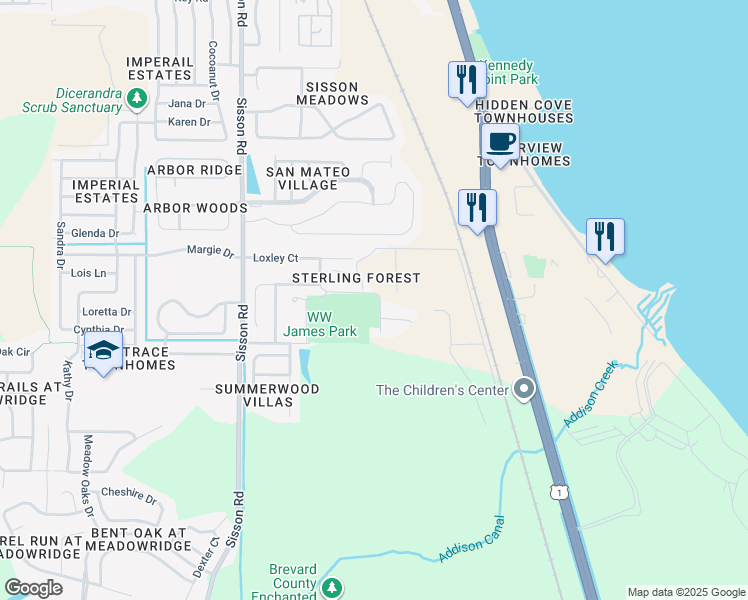 map of restaurants, bars, coffee shops, grocery stores, and more near 5536 Enchanted Avenue in Titusville