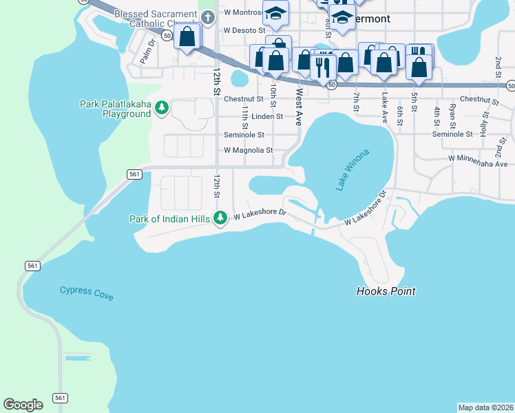 map of restaurants, bars, coffee shops, grocery stores, and more near 1068 West Lakeshore Drive in Clermont