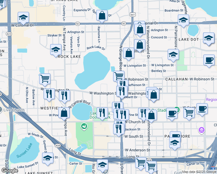 map of restaurants, bars, coffee shops, grocery stores, and more near 1339 North Nashville Avenue in Orlando