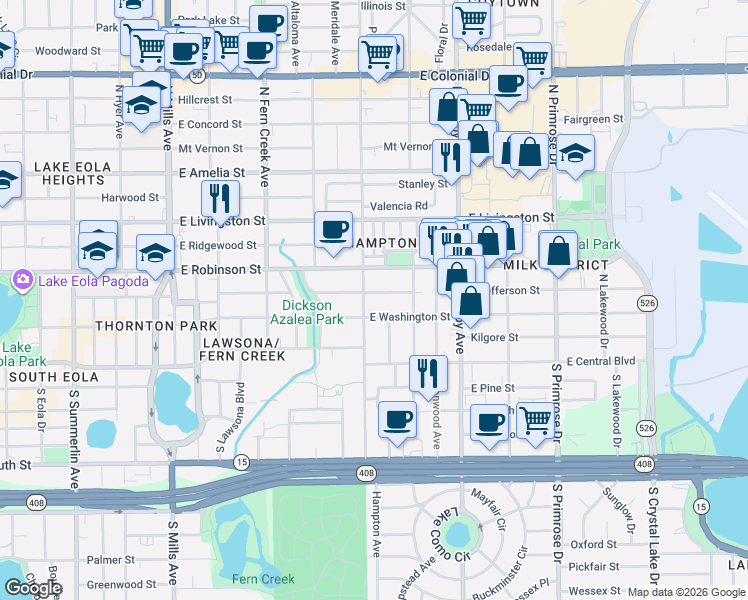 map of restaurants, bars, coffee shops, grocery stores, and more near 2013 East Jefferson Street in Orlando