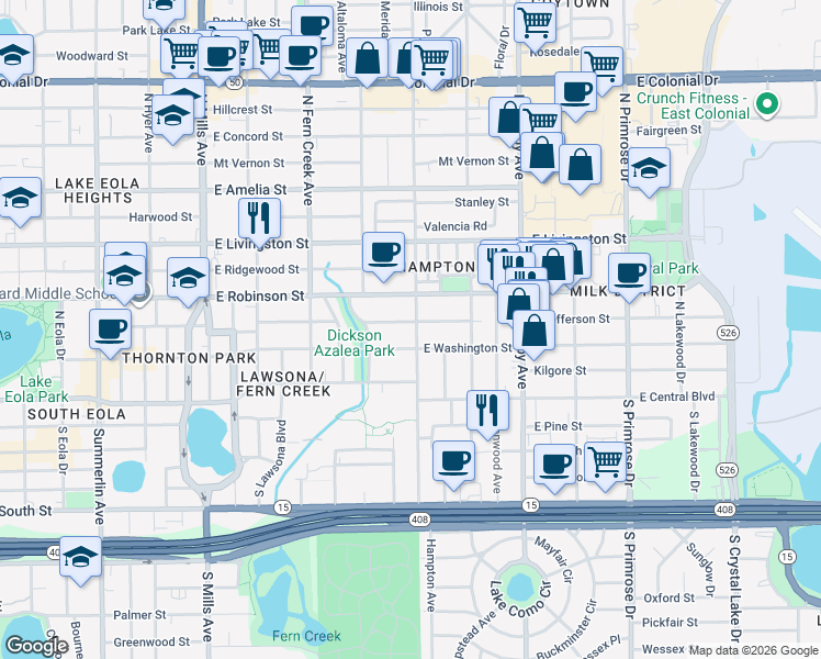 map of restaurants, bars, coffee shops, grocery stores, and more near 1903 East Jefferson Street in Orlando