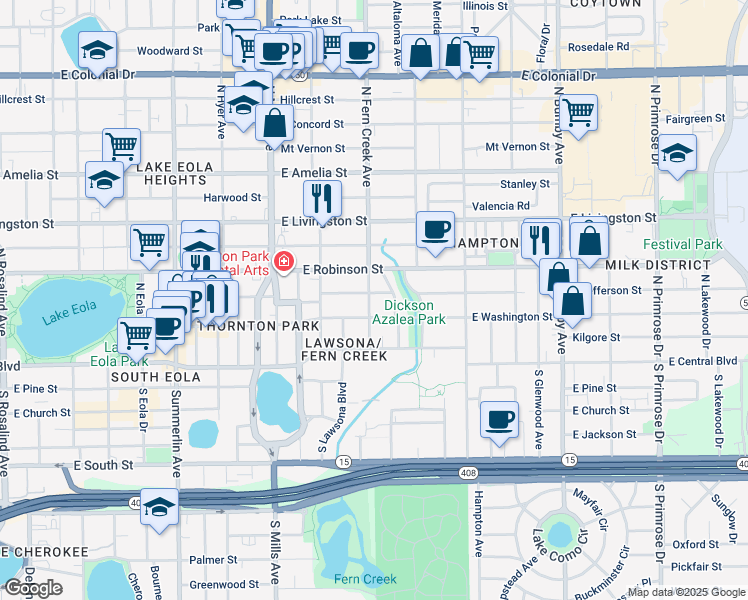 map of restaurants, bars, coffee shops, grocery stores, and more near 1601 East Jefferson Street in Orlando